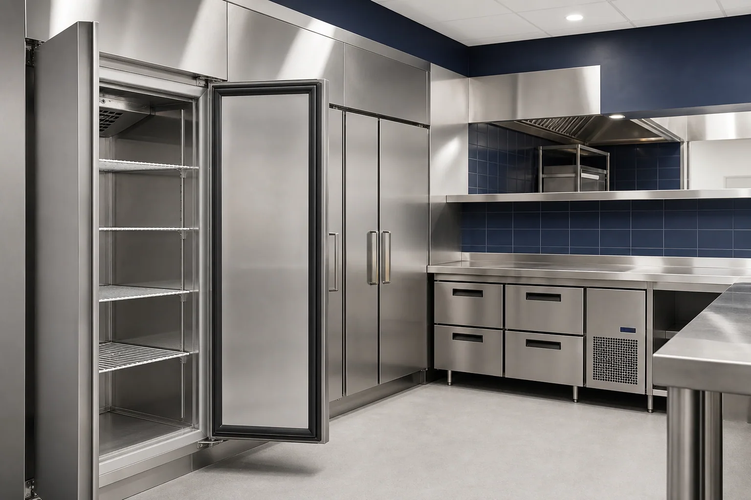 Commercial catering refrigeration equipment in a stainless-steel kitchen